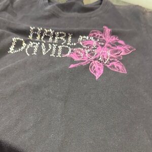 Harley-Davidson Black Tee with Pink Floral Rhinestone Logo